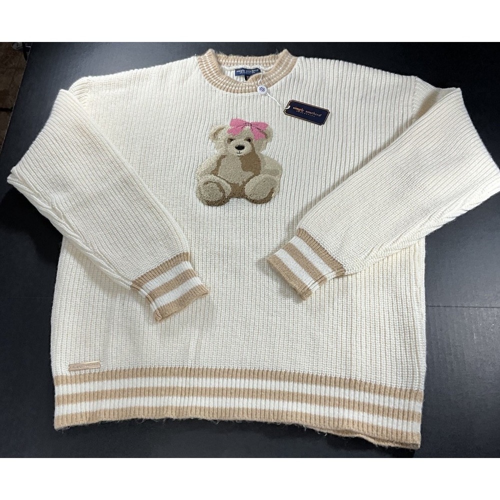 Simply Southern Cream Embroidered Bear Pink Bow Sweater Women's XL - Picture 3 of 9